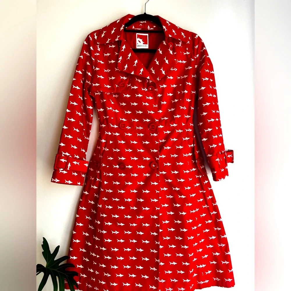Vintage Red trench coat with white shark print by gsus industries - Picture 1 of 6